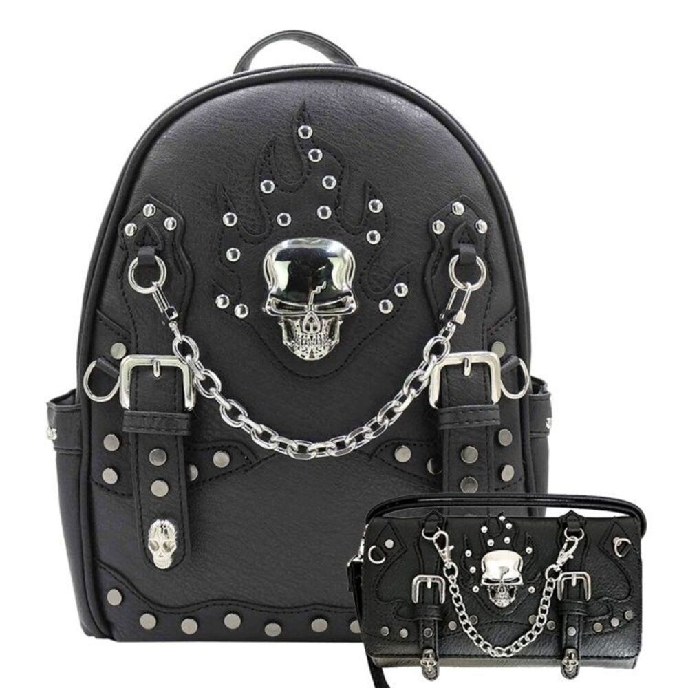 Women's Black Concealed Carry With Biker Skull Chain Buckle Embroidery Backpack